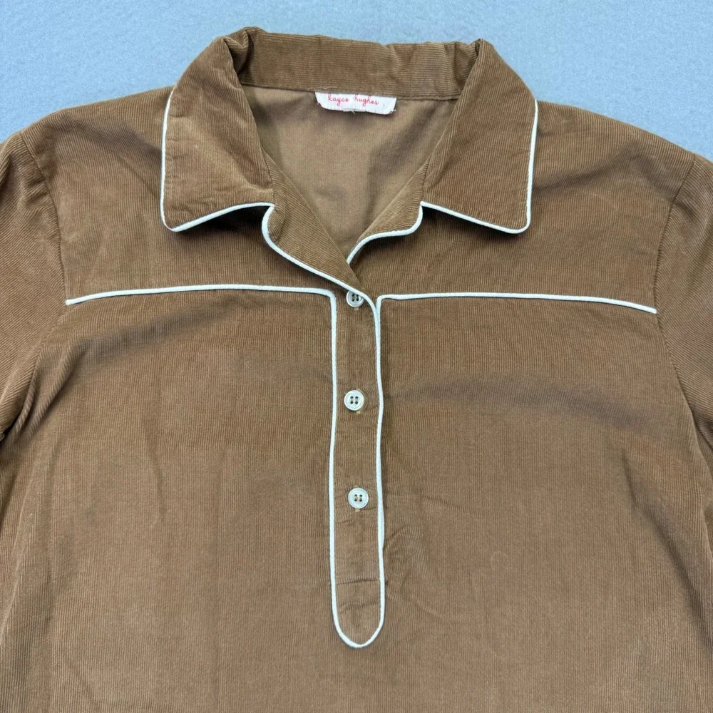 Kayce Hughes Womens Brown Corduroy Shift Dress Size 4 Long Sleeve White‎ Piping